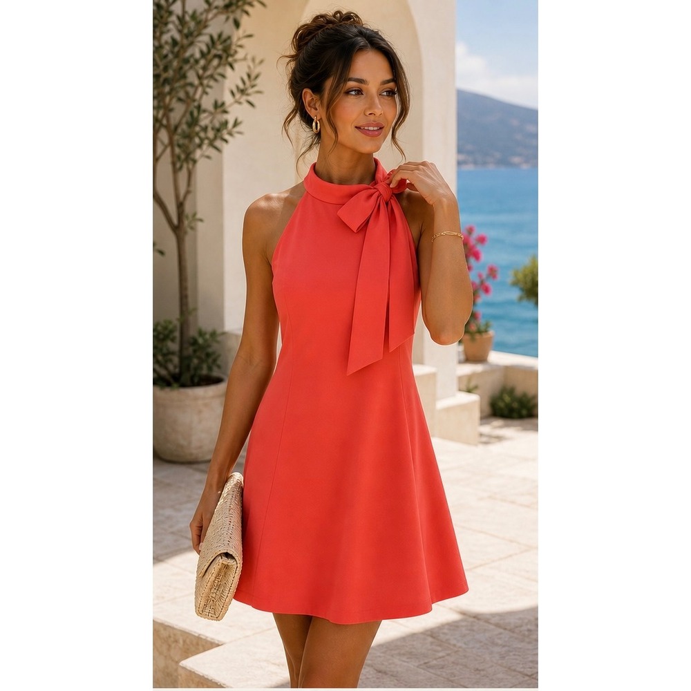 Vince Camuto Halter Bow Neck Mini Dress Coral Red Sleeveless Cocktail Party Sz10